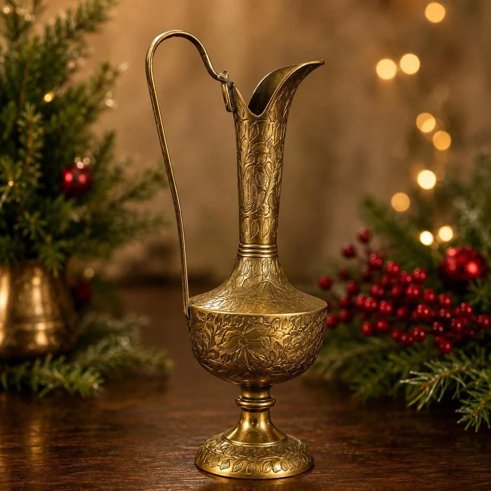 Vintage Engraved Brass Ewer Pitcher Vase Ornate Floral Etched Pedestal Decor